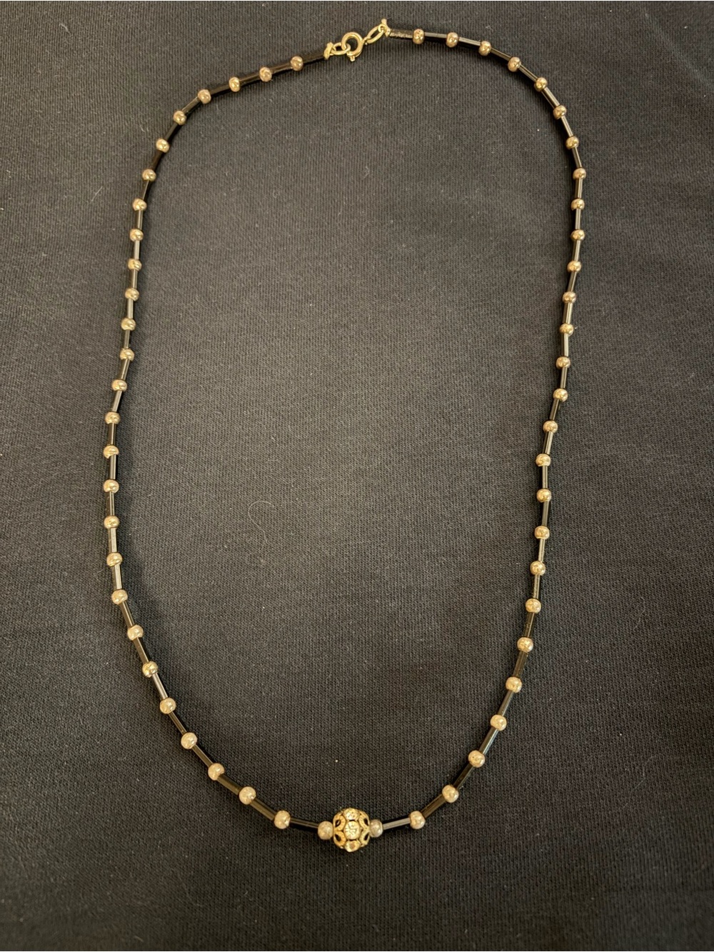 Silver Bead Black Cord Necklace - Women Vintage Jewelry